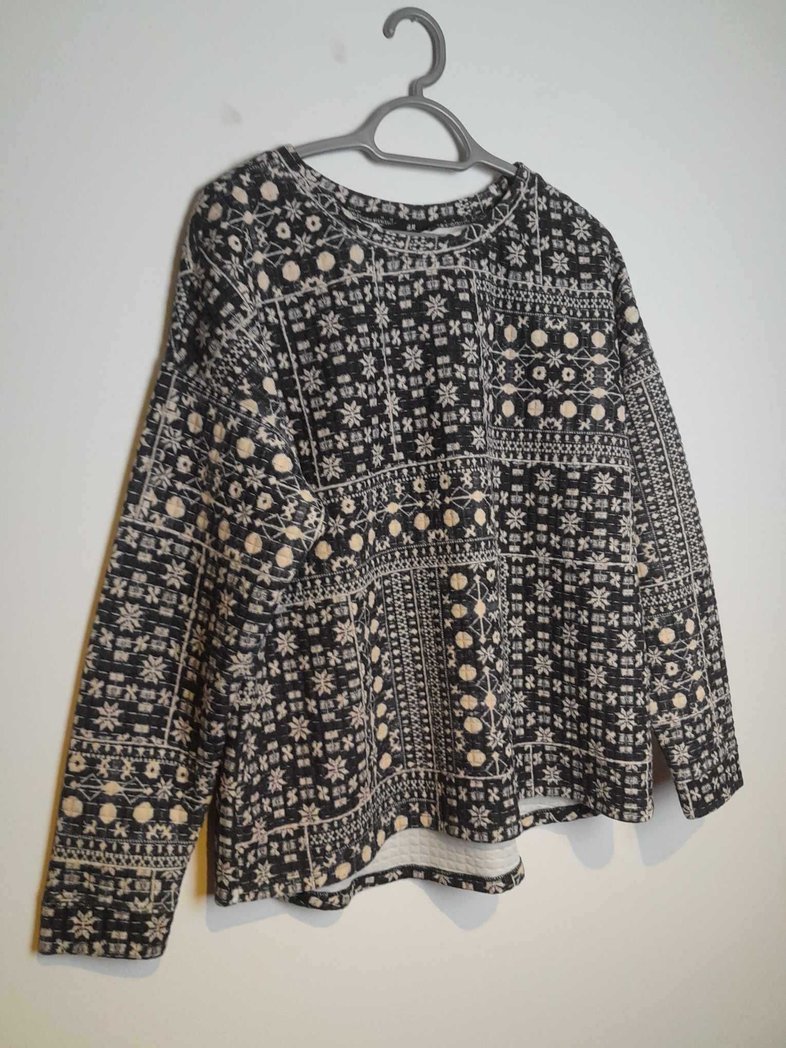 Granatowo kremowa bluzka damska z długim rękawem H&M L/XL