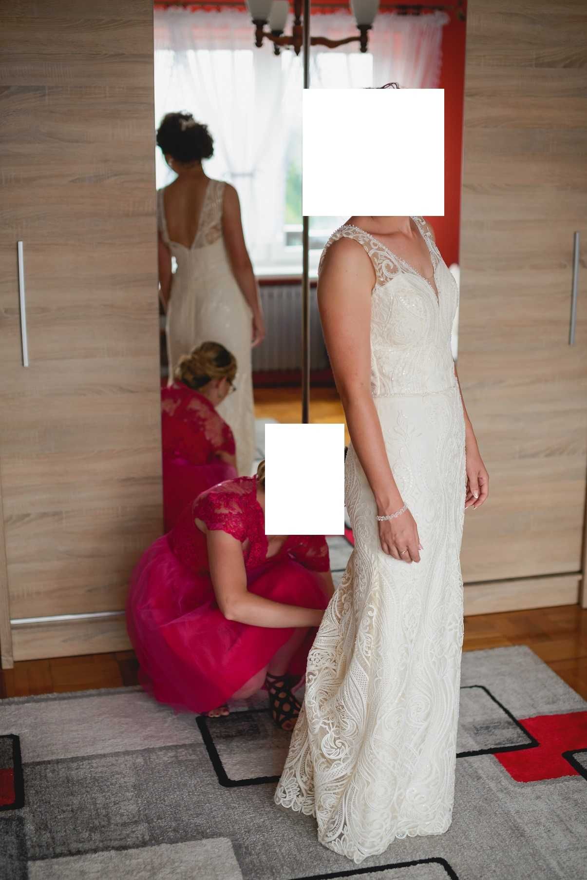 Suknia ślubna syrenka z trenem ecru, r.36 długi welon