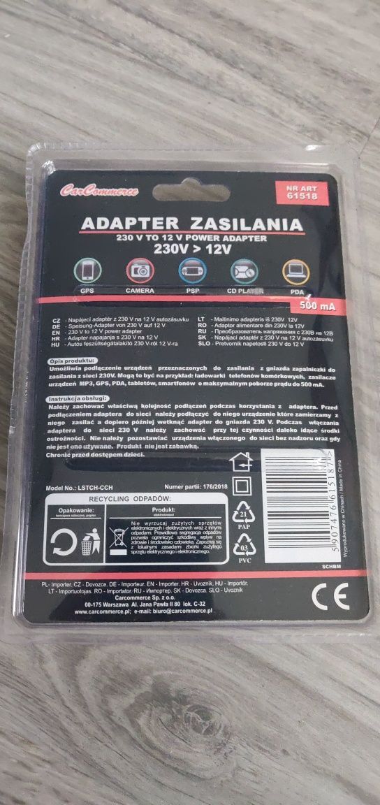 Zasilacz przejściówka z 230V na 12V gniazdo zapalniczki nowy