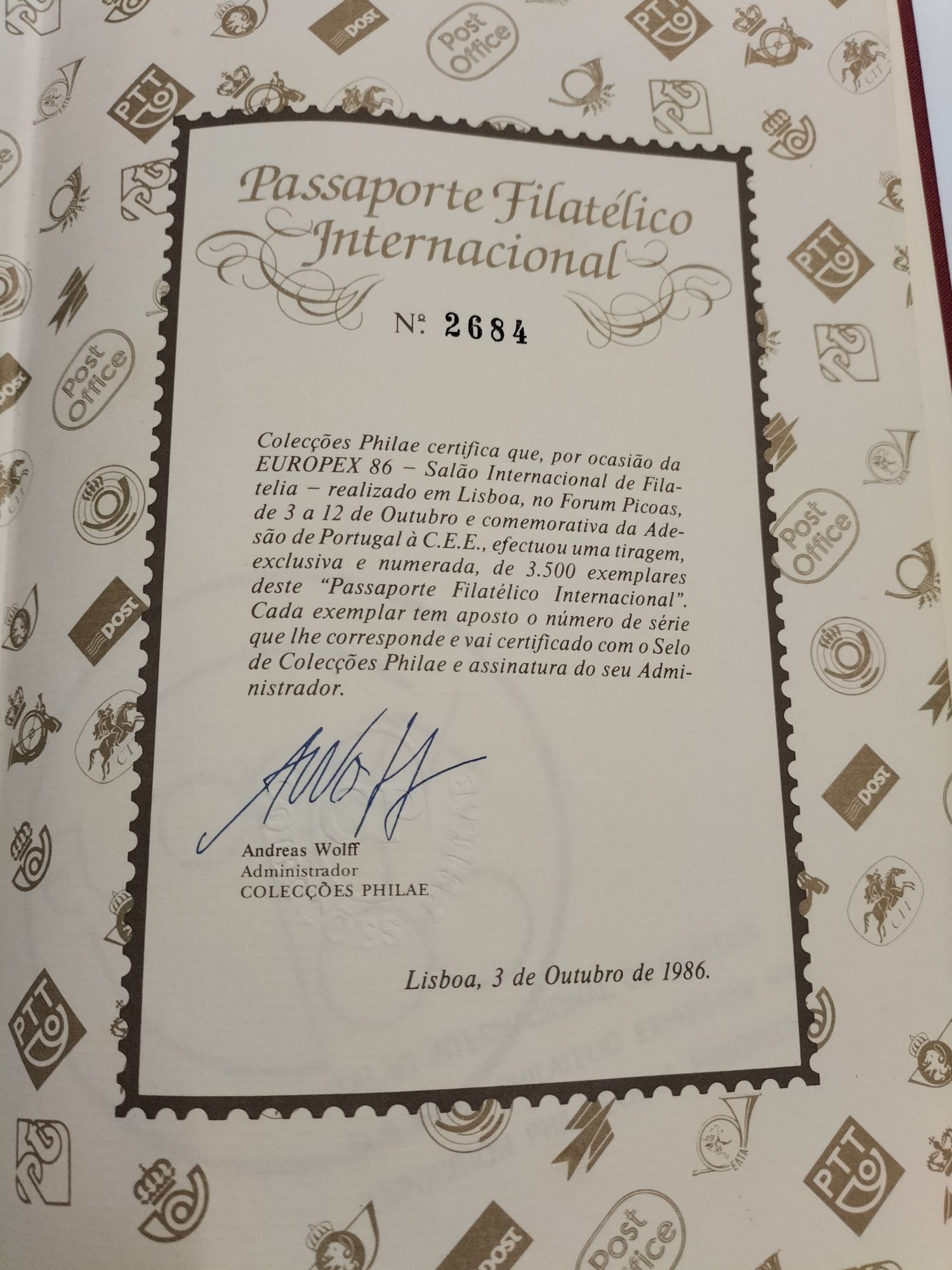 Passaporte Filatélico Internacional 1986 - Exemplar 2684