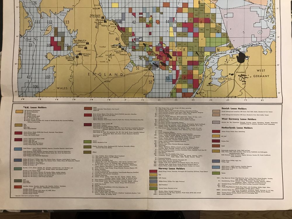 Mapa dzierżawy (wydobycie ropy i gazu) Morza Północnego z 1972 roku