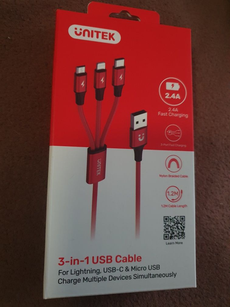 Kabel USB 3w1 Lightning, micro USB, USB-C 1,2m