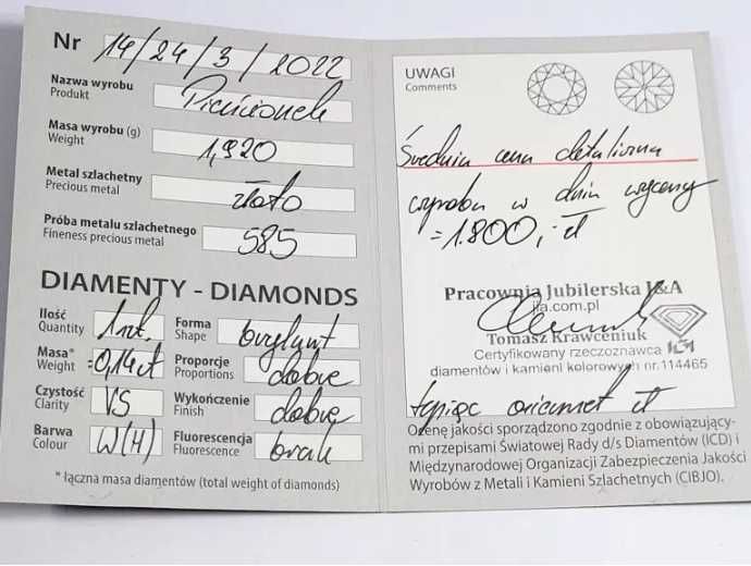 Śliczny złoty pierścionek z brylantem 1,92GR 585