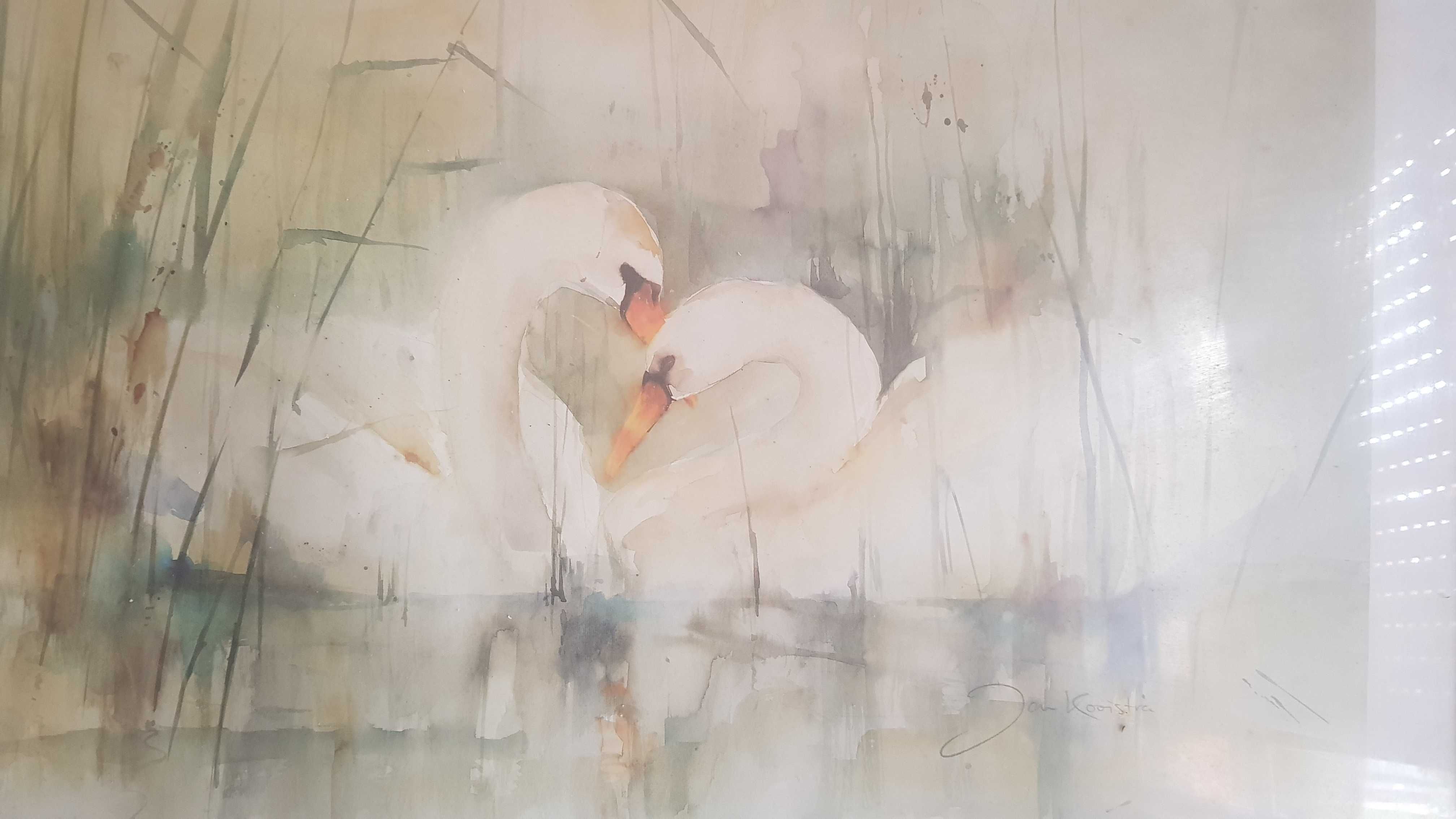 Serigrafia de Jan Kooistra "Os Cisnes" moldura em cerejeira