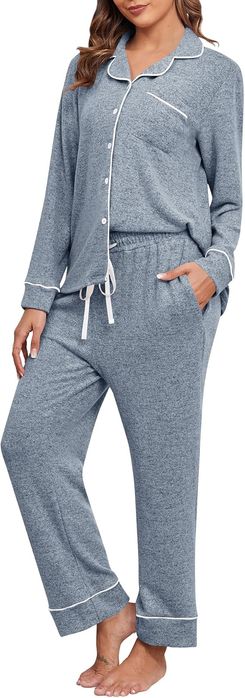 Piżama Damska Długi Rękaw Spodnie Miękka Niebieska M