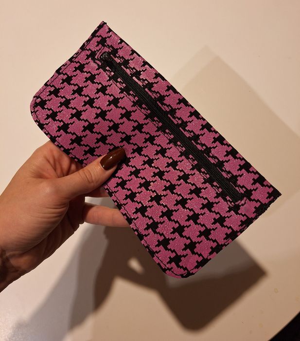 Saszetka Skórzana Pepitka Ręcznie Szyta Unikat Etui na Zamek Różowa