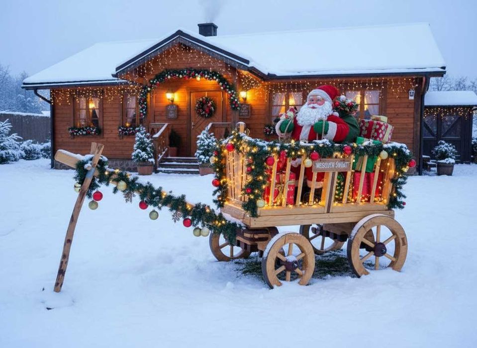 Drewniany wózek ogrodowy – dekoracja ogrodu, restauracji, studia foto
