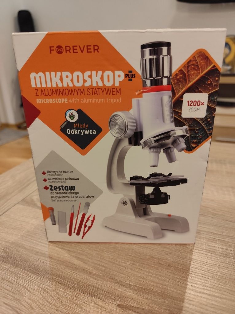 Mikroskop z aluminiowym statywem zoom x1200 preparaty gotowe +zestaw