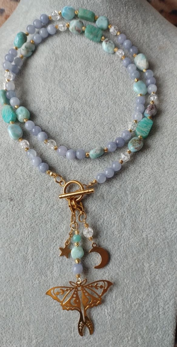 Naszyjnik larimar, akwamaryn, amazonit, kryształ górski