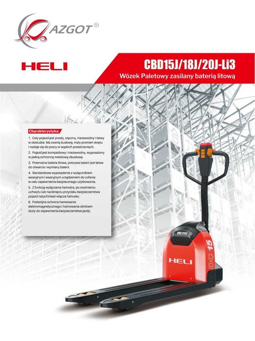 Wózek paletowy elektryczny HELI CBD18J-LI3 1800kg 1150mm 48V 20Ah