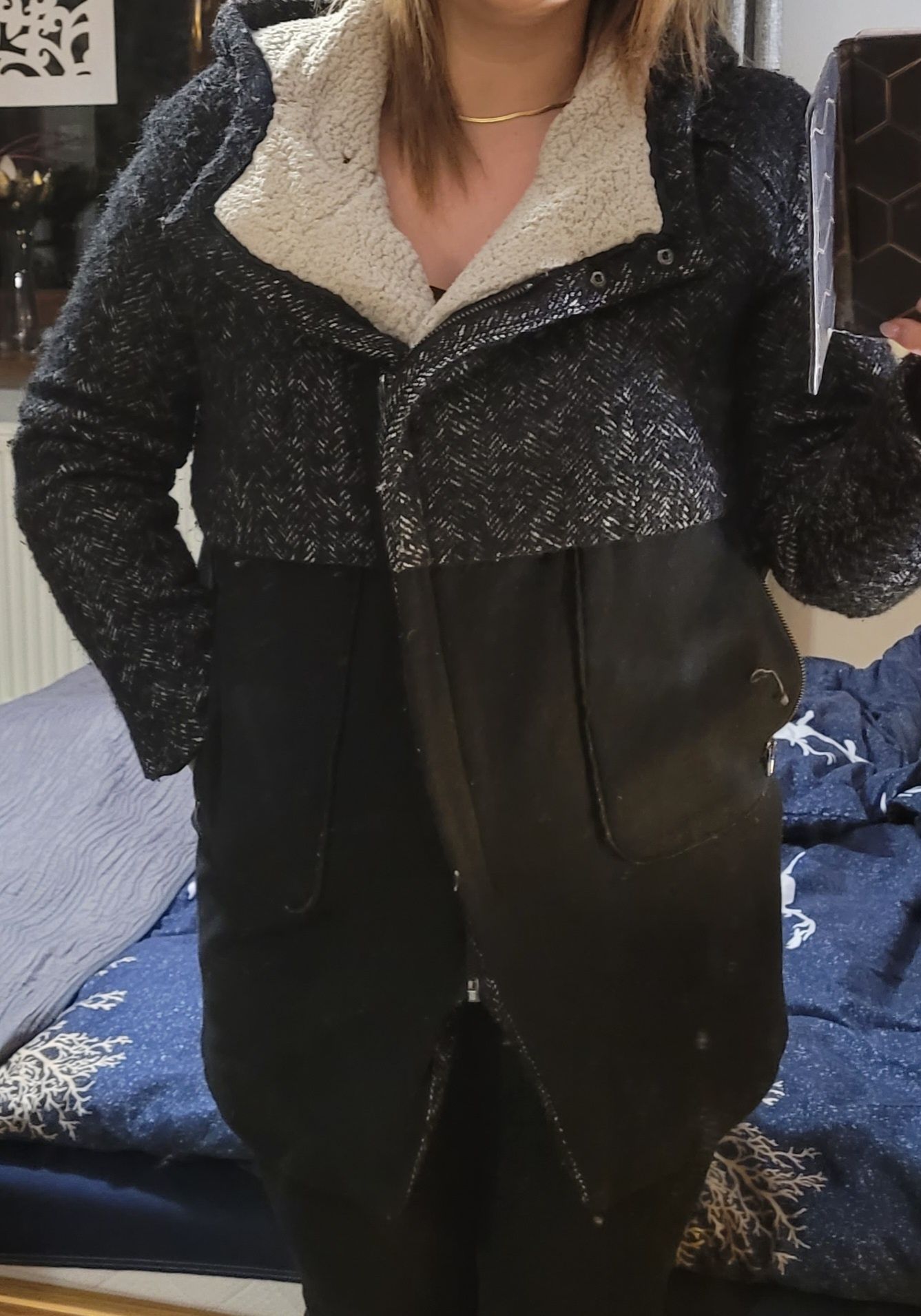 Super cieply plaszcz ZARA czarny 40 L zimowy kurtka parka