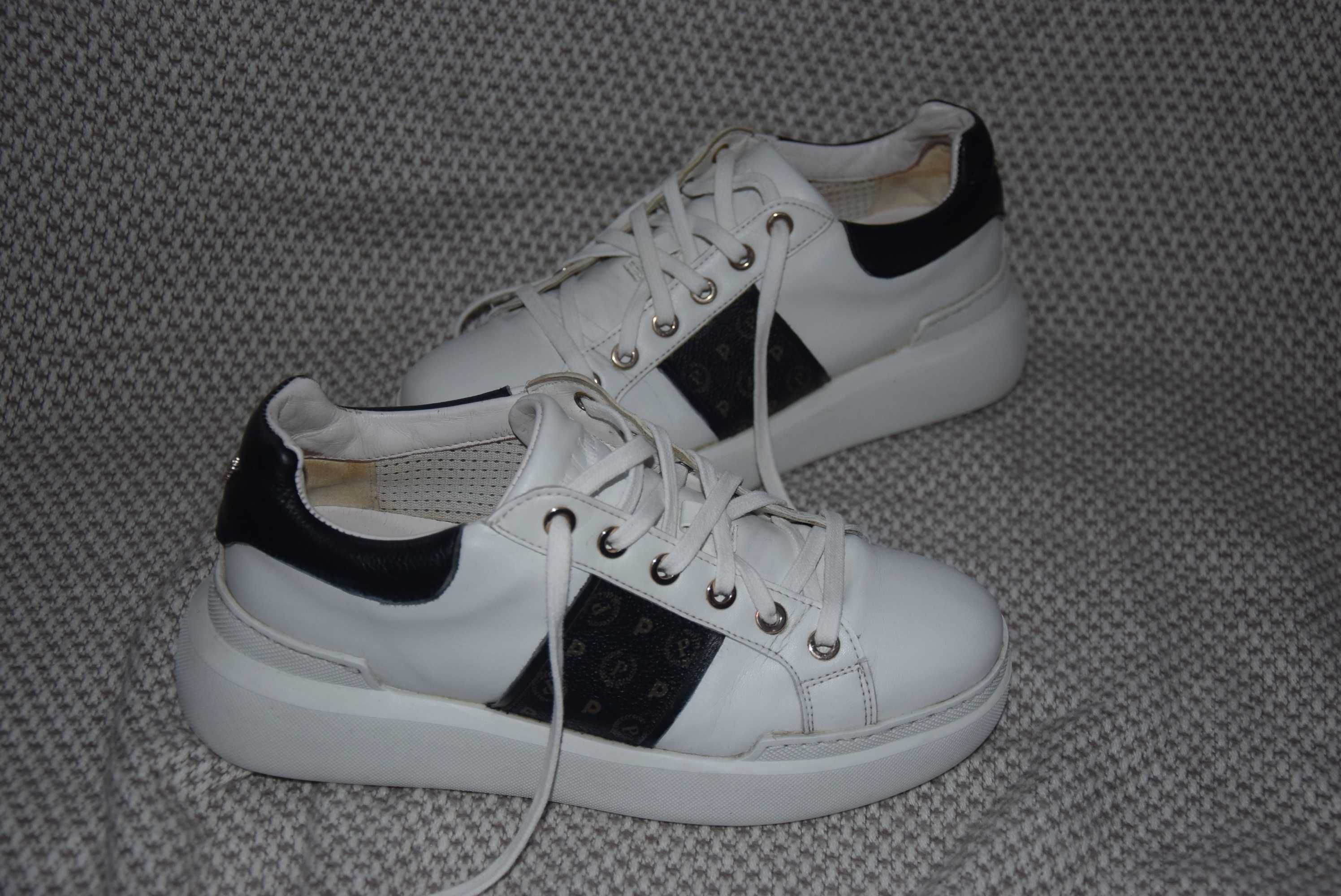 Pollini białe buty sportowe sneakersy 37 monogram lampasy
