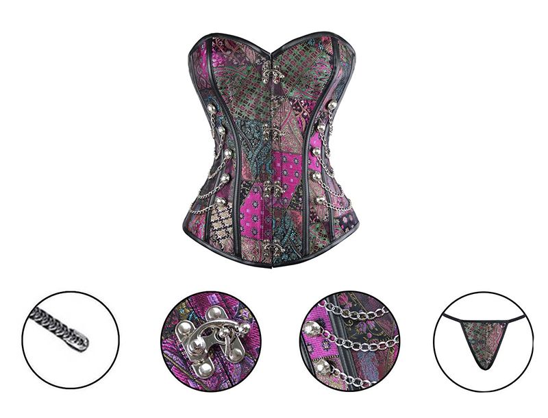 Damski wzorzysty gorset zdobiony łańcuszkami ze stringami 2XL/3XL