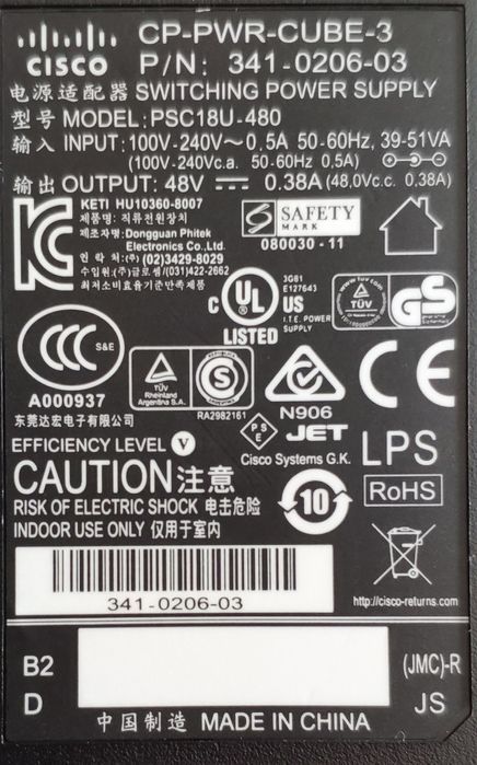 Fonte alimentação Cisco CP-PWR-CUBE-3 48v 0.38A