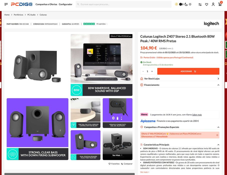 Colunas Logitech Z407 Stereo 2.1 Bluetooth 80W