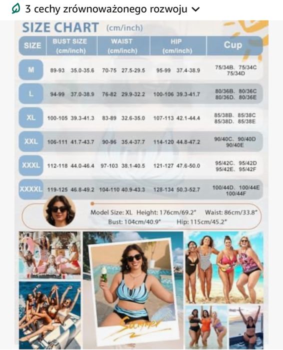 Damski Kostium Kąpielowy Dwuczęściowy Wyszczuplający Rozm. M