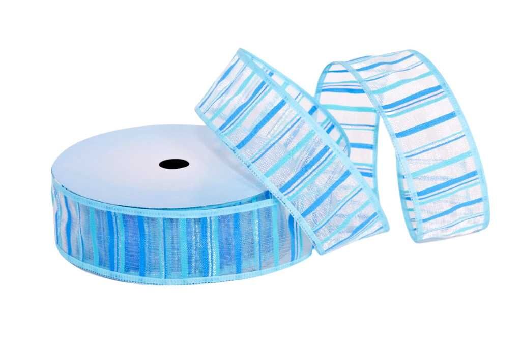 Wstążka tkana z drucikiem ze wzorem "Prążki" 4cm/10m BŁĘKITNA