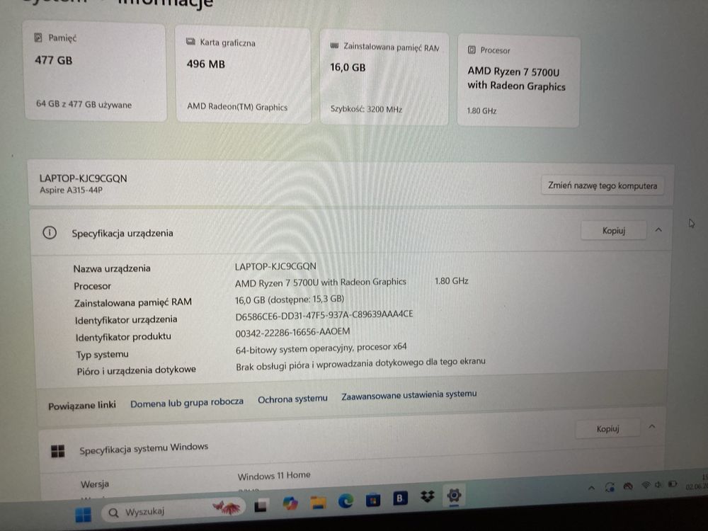 Laptop ACER Aspire 3 R7-5700U 16GB RAM 512GB SSD