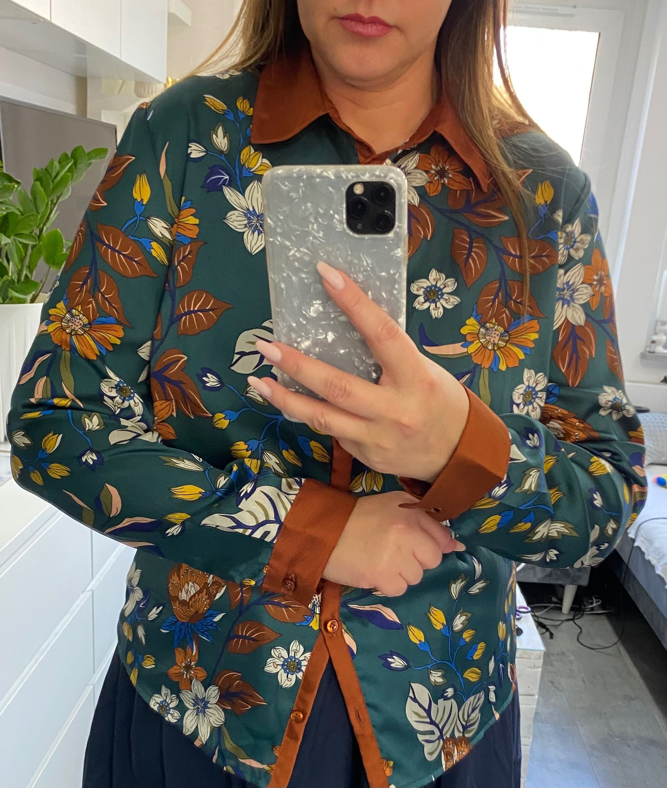 Bluzka Koszula butelkowa zieleń kwiaty  L -XL