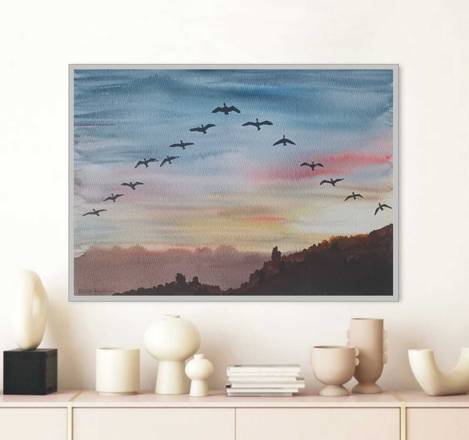 Akwarela Akwarelka Obraz pt. Klucz Gęsi 31 x 23 cm