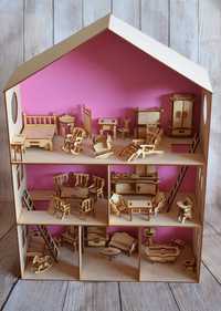 Drewniany domek dla lalek plus mebelki 34 sztuki grawer w cenie