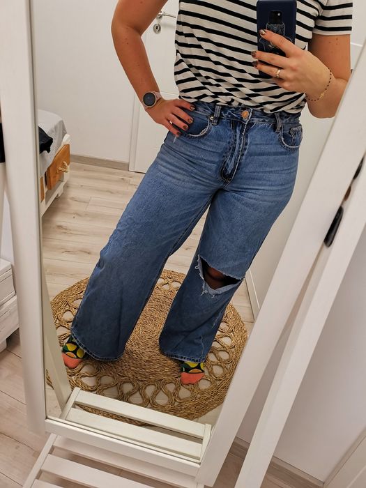Stradivarius 38 m jeansy superWide proste nogawki Low waist z dziurą