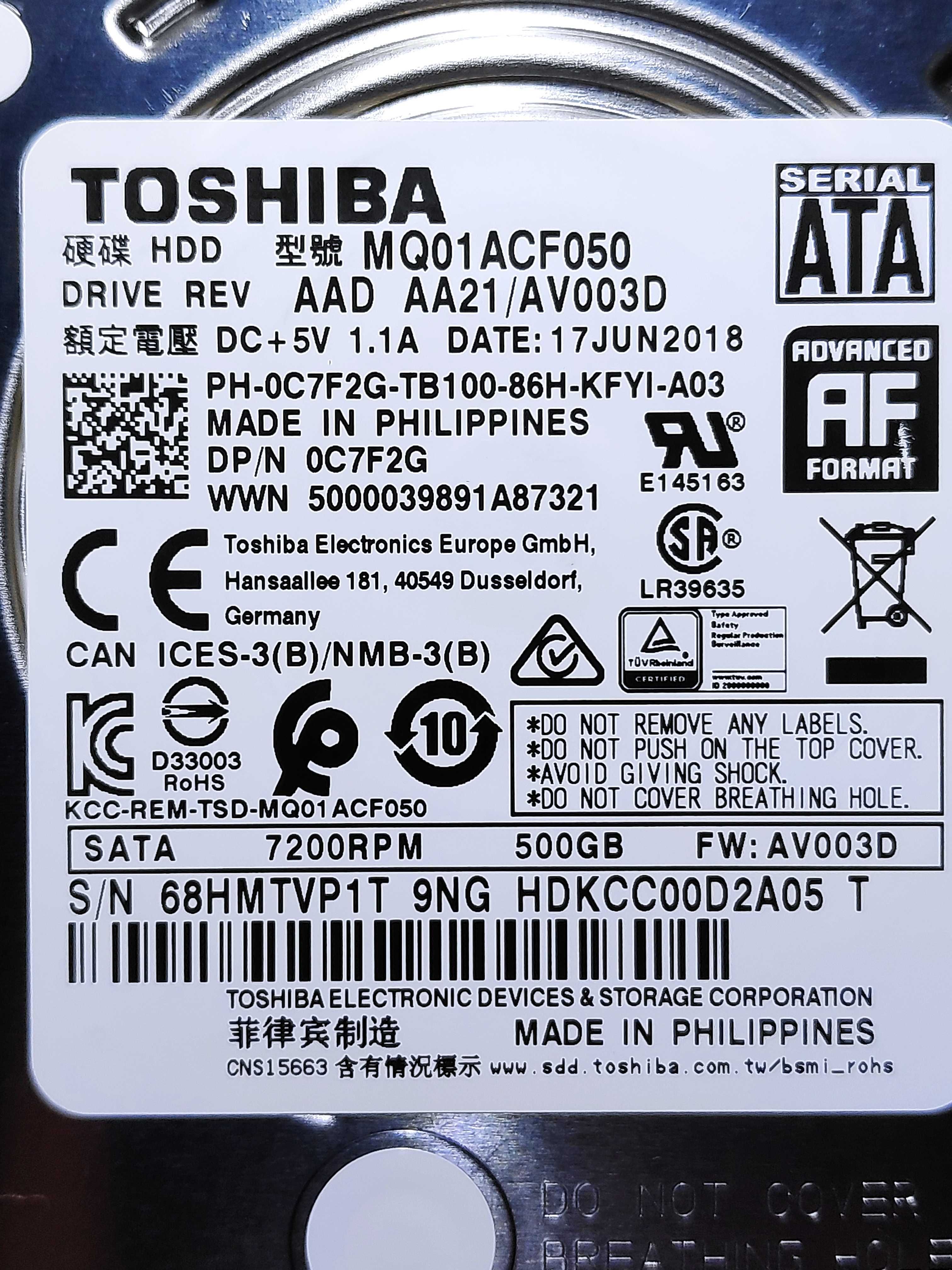 2 discos HDD 2.5" Toshiba 500GB (7200 RPM)