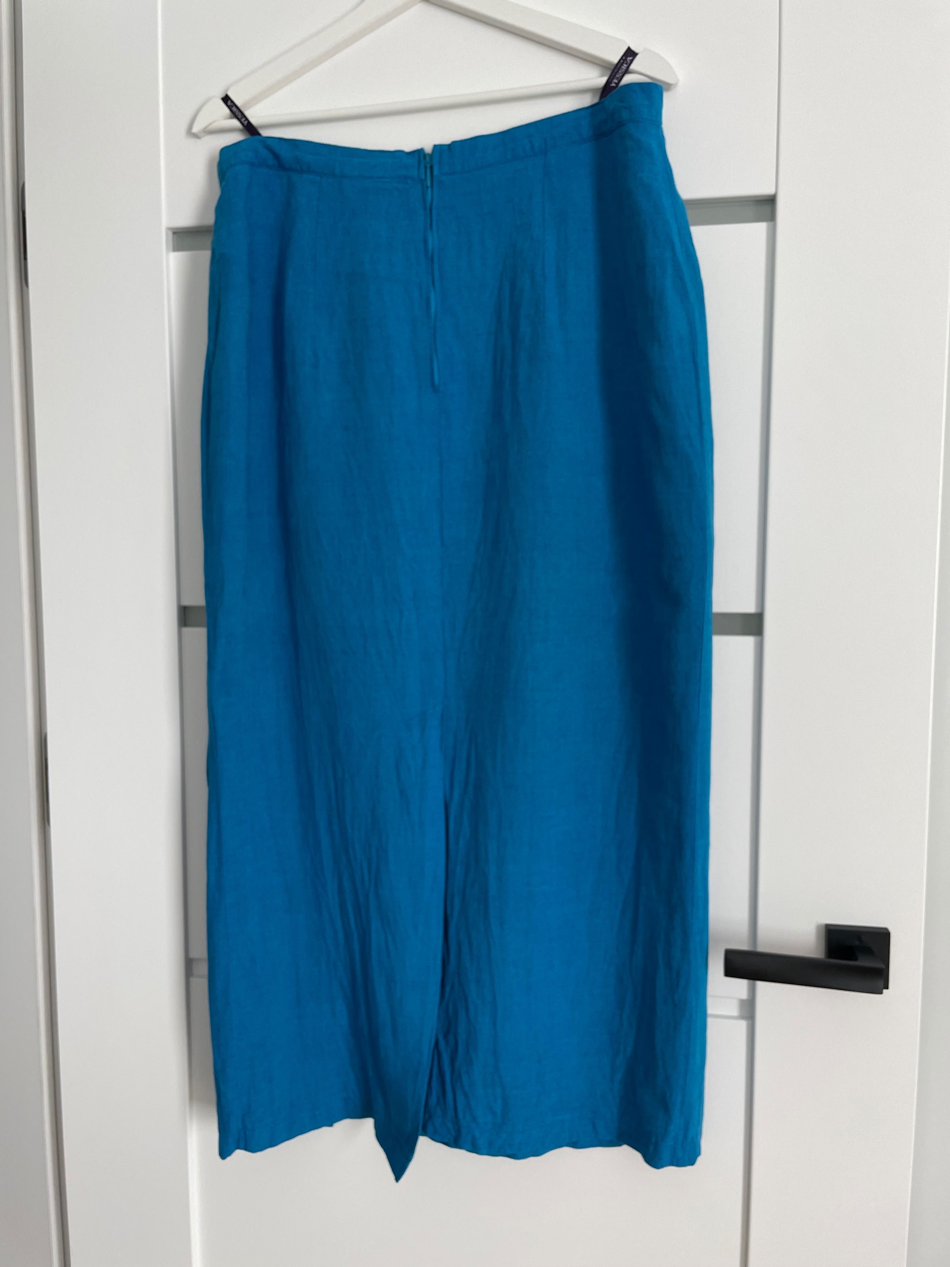 Niebieska spódnica z rozcięciem wiskoza/len Yessica rozm 44