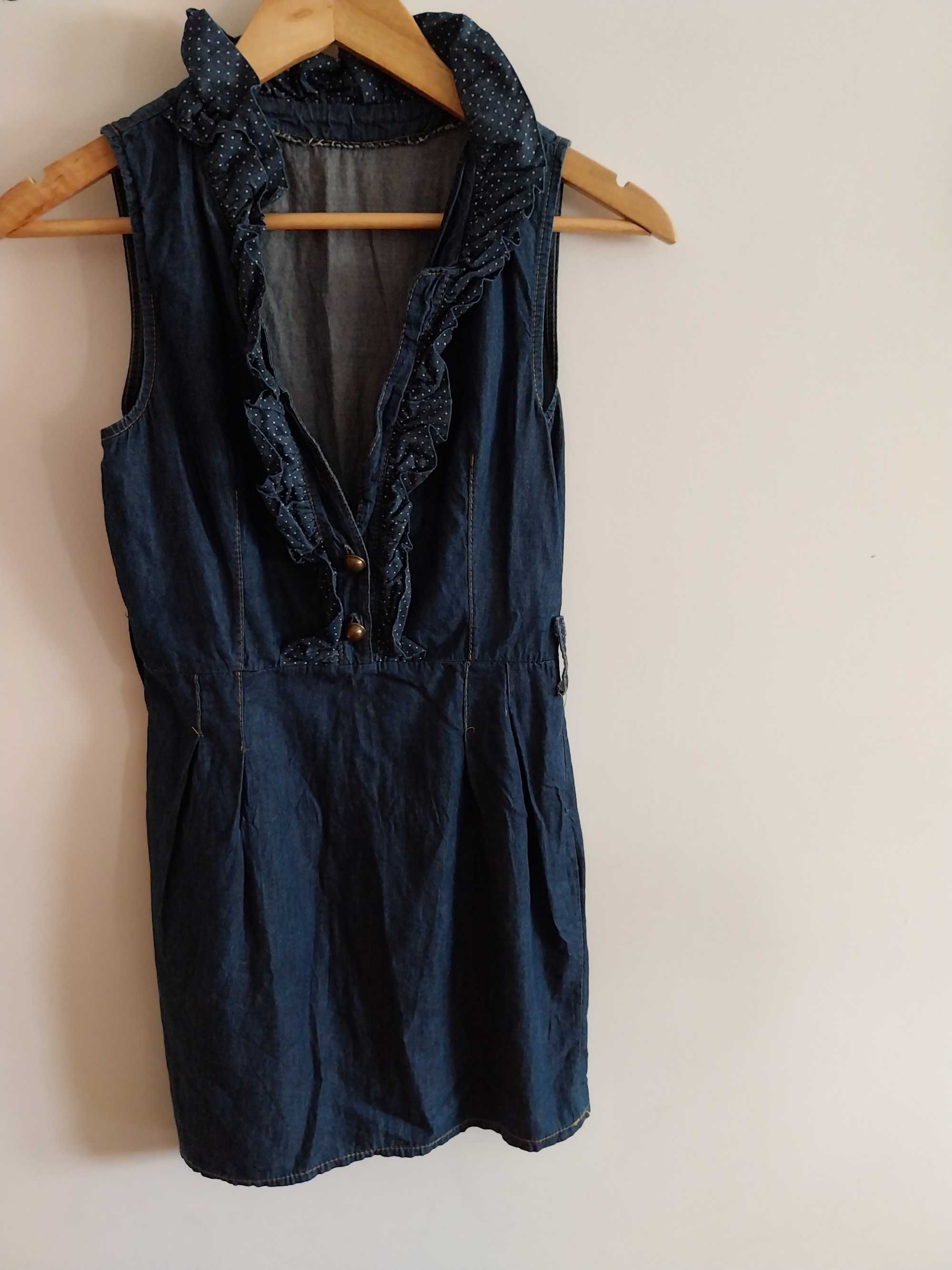 Vestido de ganga, com decote com folhos, 100% algodão, tamanho S/36
