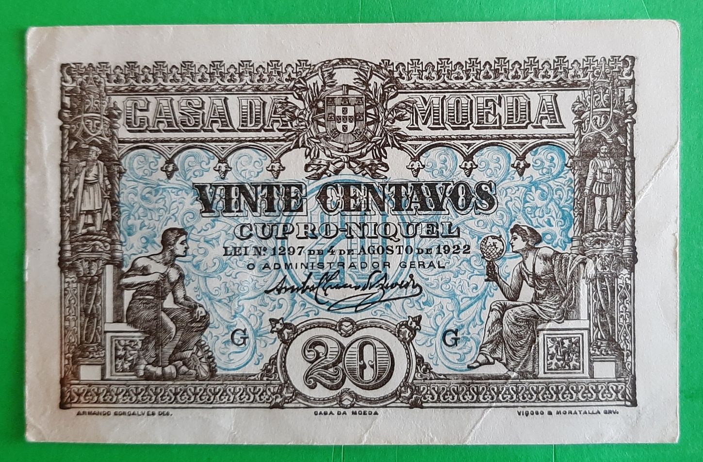 Cédula Portuguesa de 20 Centavos de 1922. Em bom estado. Rara