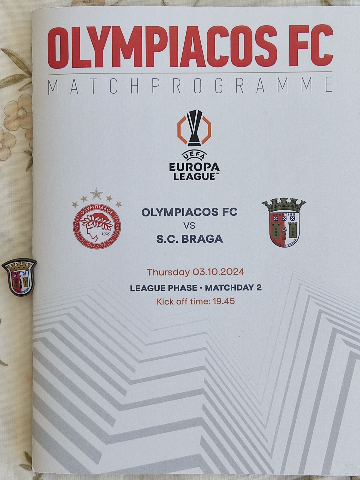 Pin do SC Braga e programa do olympiakos SC Braga Liga Europa 2024