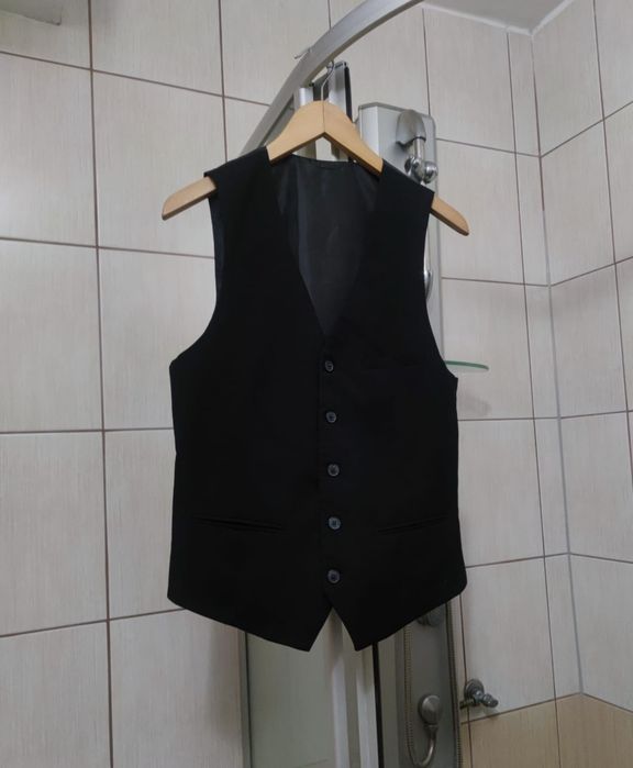 Bezrękawnik elegancki L męski do garnituru ciemny czarny fioletowy zap