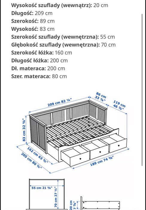 Podwójne łóżko Hemnes z szufladami z materacami+stolik nocny+biurko