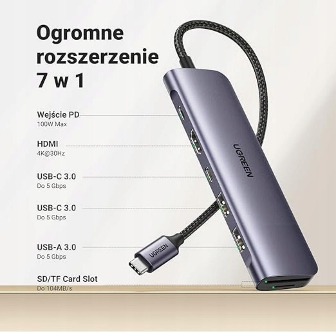 UGREEN Hub USB C z 4K HDMI 30Hz 100W PD USB C 7 w 1