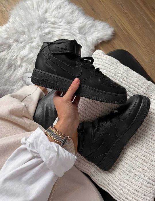 Nike Air Force 1 Mid Black Fur, найк форси чорні високі зима з хутром
