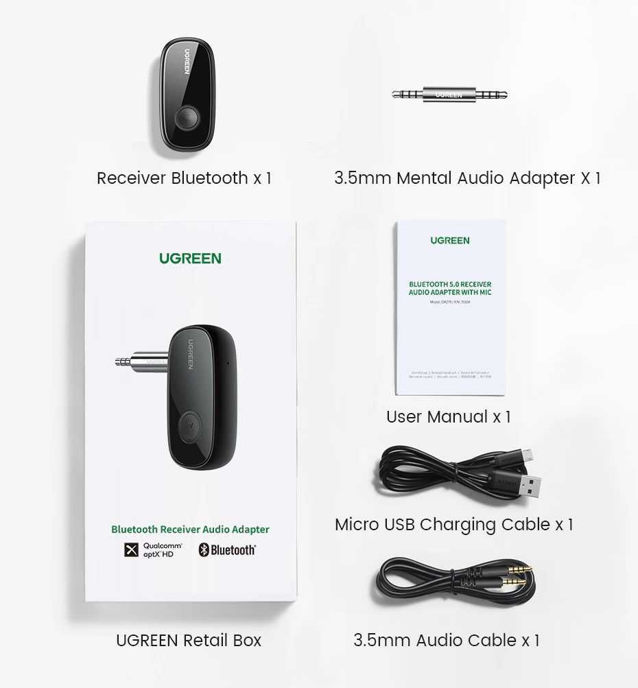 Блютуз Адаптер 5.1 AUX 3.5 Ugreen aptX HD Батарея Ресивер Приемник
