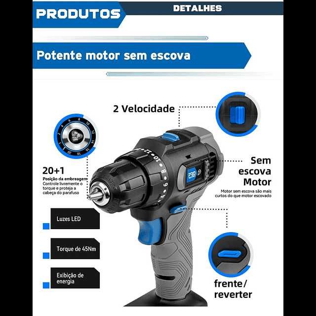 Potente Aparafusadora Prostormer 45nm torque 2 velocidades LED