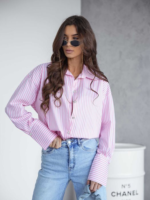 Koszula damska oversize STRIPES paski różowo biała rozmiar M/L
