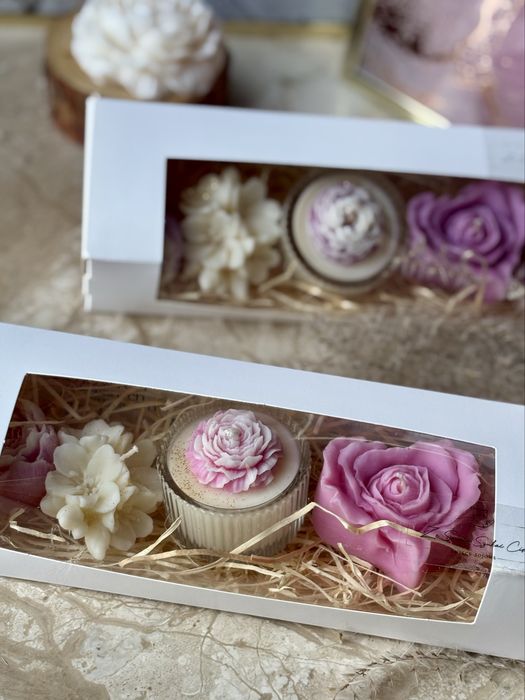 Zestaw zapachowych świec sojowych + szklany tealight prezent box róż
