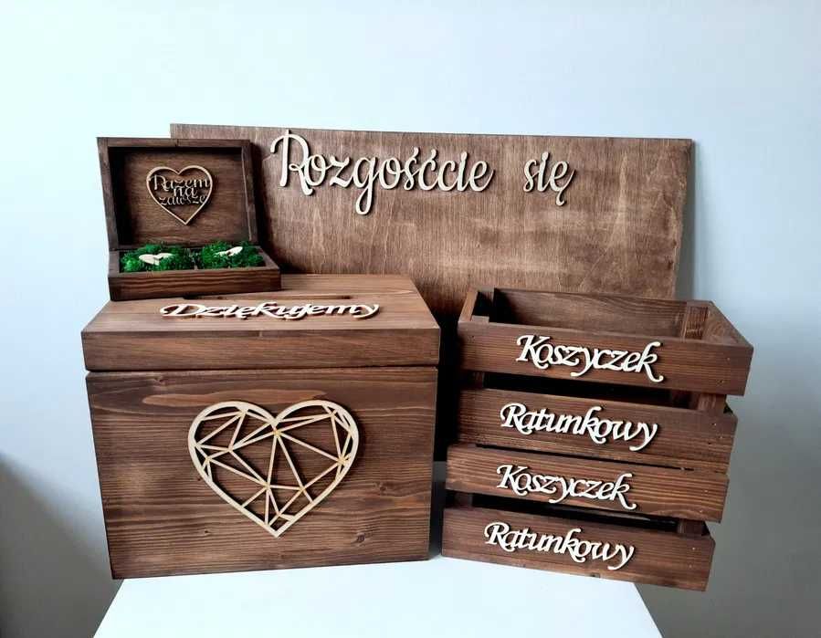 Plan stołów koszyczki ratunkowe pudełko na koperty obrączki dąb rustyk