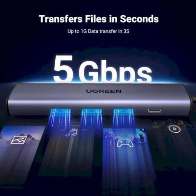 USB-хаб Ugreen CM475 5 in 1 , USB 3.0 - 3x, Type-C + RJ45(1000M)