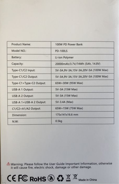 PowerBank PD 100w для 20000mAh 74Wh