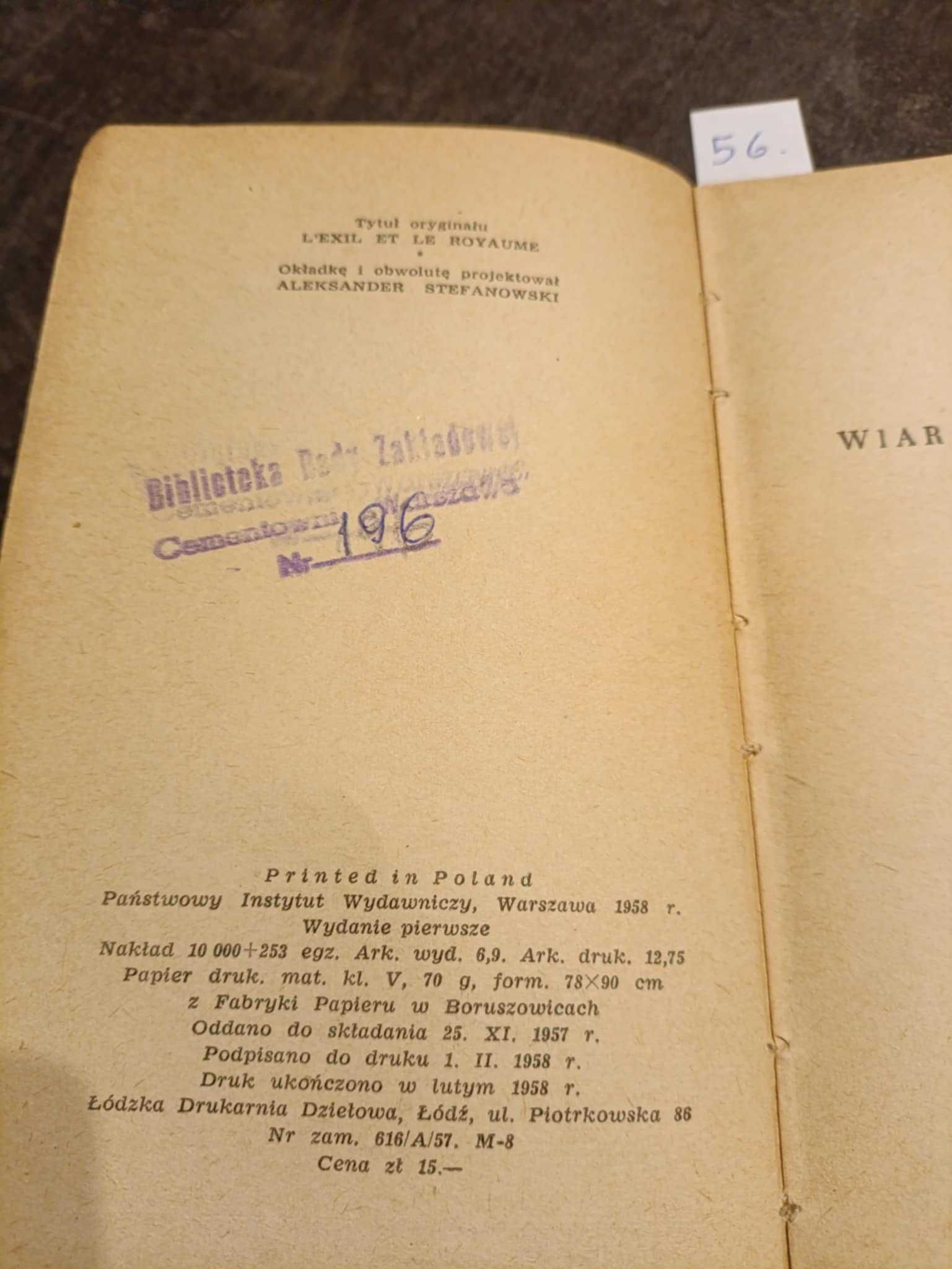 Wygnanie i królestwo - Albert Camus Wydanie I z 1958 roku