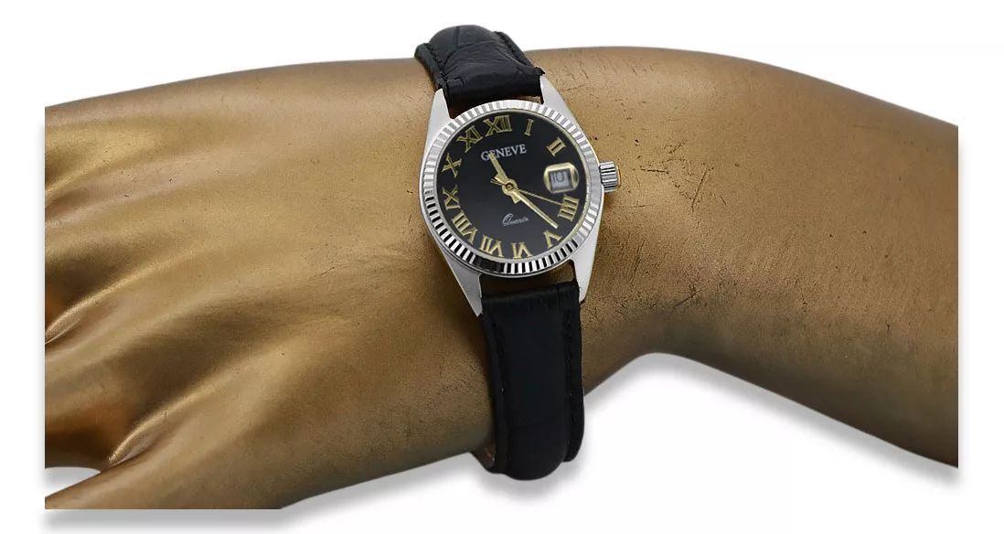 Zegarek damski z białego złota 14k Geneve z czarną tarczą lw020wdbc P