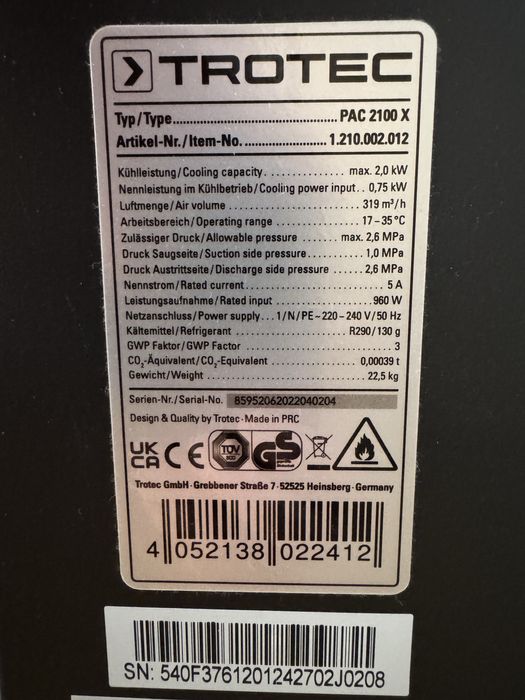 Klimatyzator przenośny Trotec Pac2100X