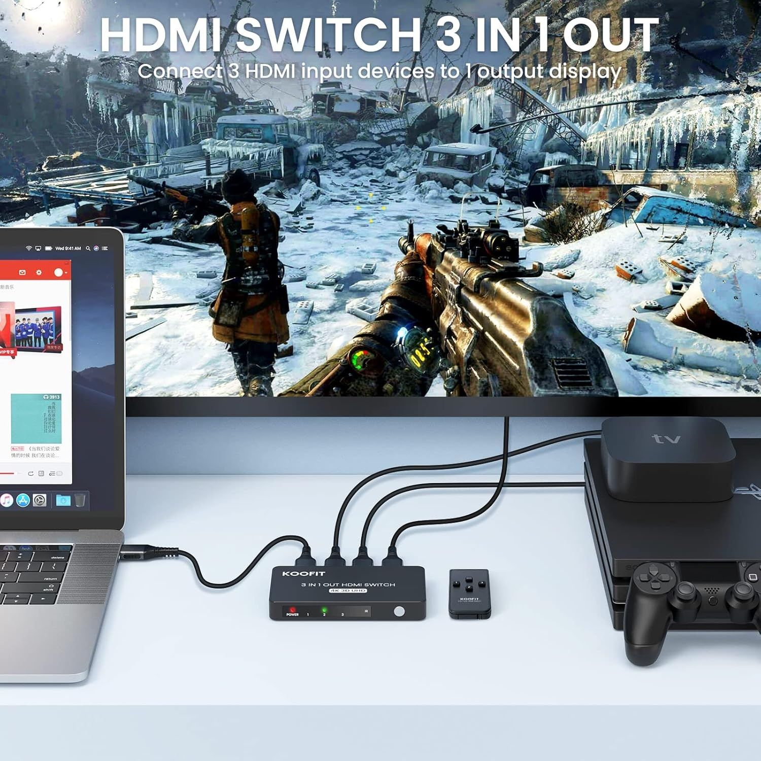 Przełącznik HDMI 3w1 z pilotem koofit splitter