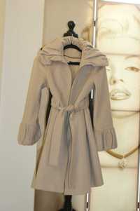 Wełniany płaszcz Zara beżowy taliowany XS 34 damski zimowy elegancki