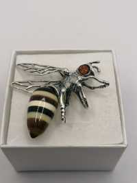 Srebrny wisiorek pszczoła z bursztynami, srebro 925