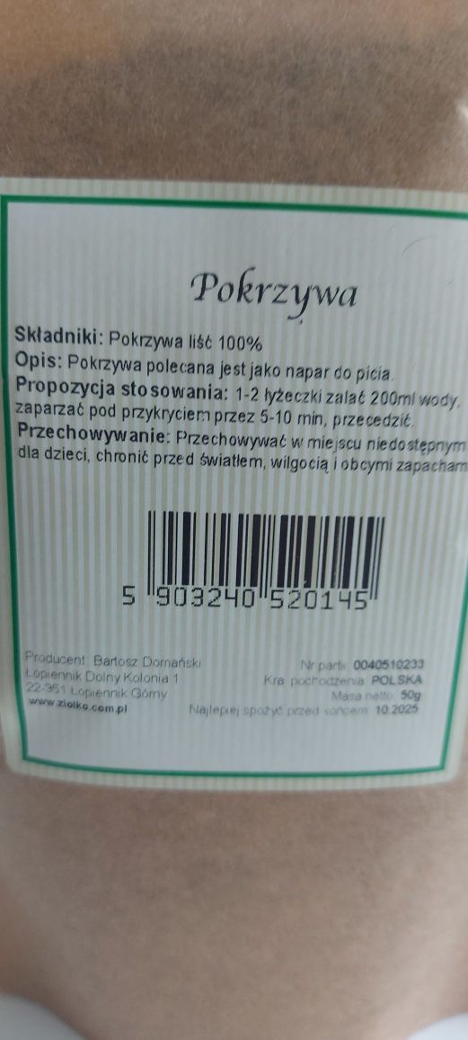 Pokrzywa liść 50g moczopędna, kamica nerkowa, przemiana materii