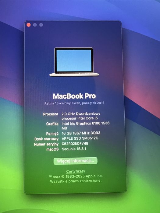 Macbook Pro 13 A1502 Early 2015 16/512 Mega sprzęt !!